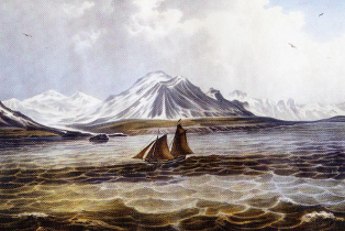 Шхуна «Кротов» на фоне горы Носилова. Рисунок Редера, 1837 год. Источник изображения: https://upload.wikimedia.org/wikipedia/commons/7/77/Шхуна_Кротов.jpg
